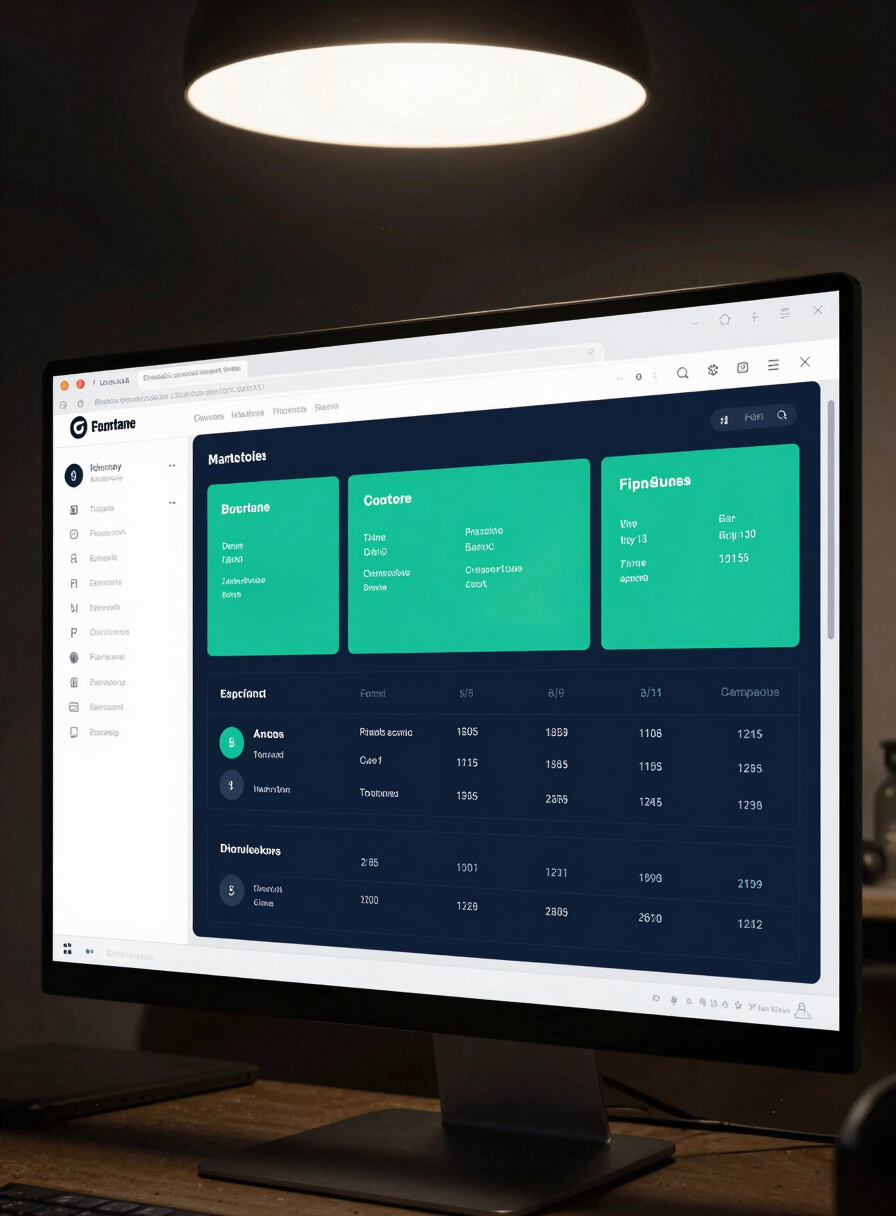Full-screen browser window showing a finished single-page application — clean UI with a sidebar nav and a data dashboard rendered in teal and dark navy, overhead studio light on monitor, no people visible