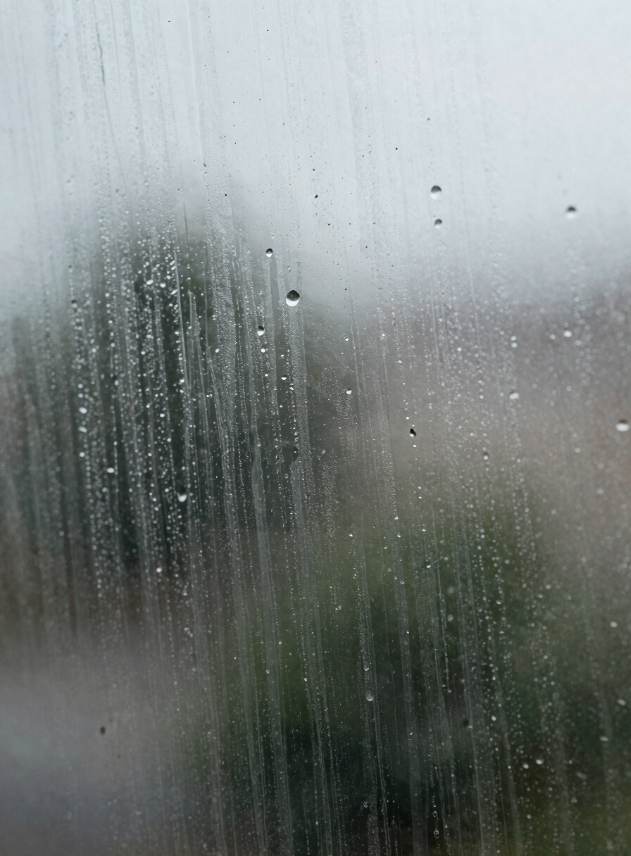 Extreme close-up of a window pane surface shot in flat overcast daylight, dried water marks and grime clearly visible across the glass texture, no hands or tools in frame, abstract documentary quality