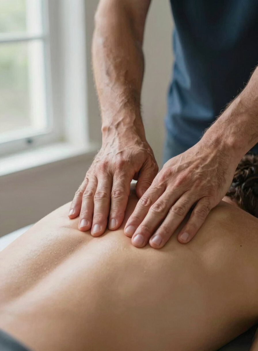 Close-up of a physiotherapist's hands gently palpating a patient's lower back, natural daylight from a window to the left, warm skin tones, clinical but human, shallow depth of field on the contact point
