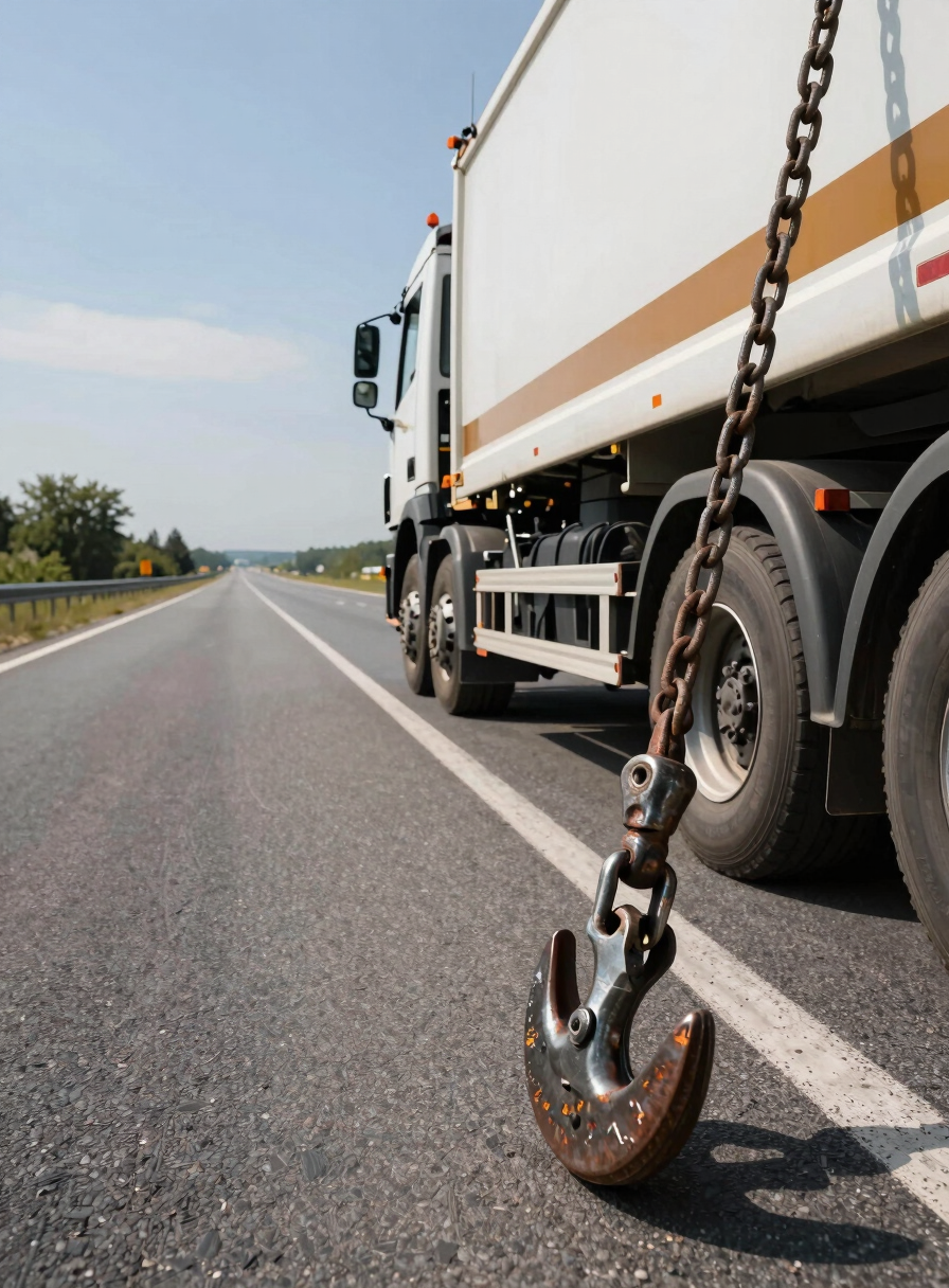 Wide environmental shot from roadside shoulder in natural daylight, a recovery truck's heavy tow hook and chain in sharp foreground focus, amber safety markings on the truck body visible, Turkish highway stretching into distance behind, low-angle framing emphasizing scale of equipment
