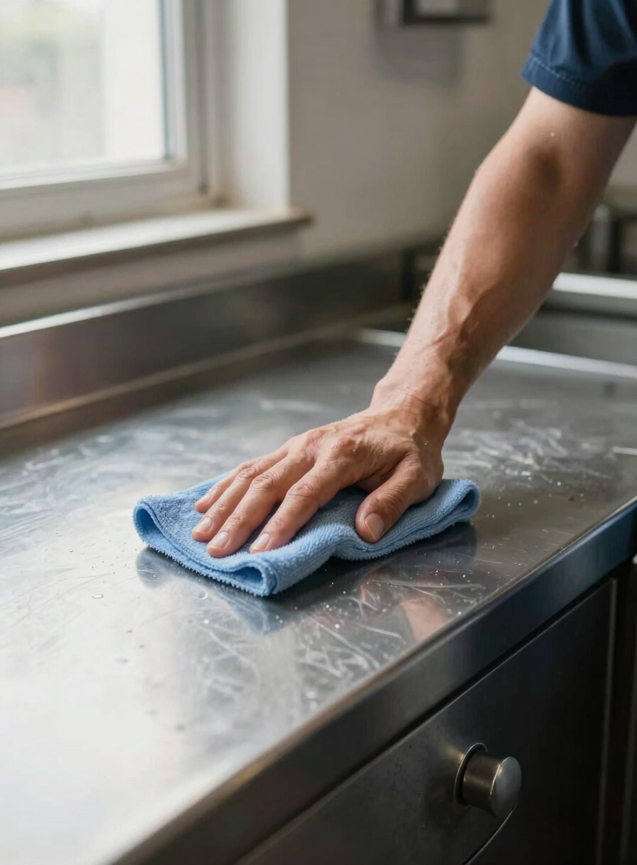 Close-up of a professional cleaner wiping down a stainless steel kitchen counter in a commercial kitchen, natural overcast light from a side window, cleaning cloth mid-stroke, surface visibly clean