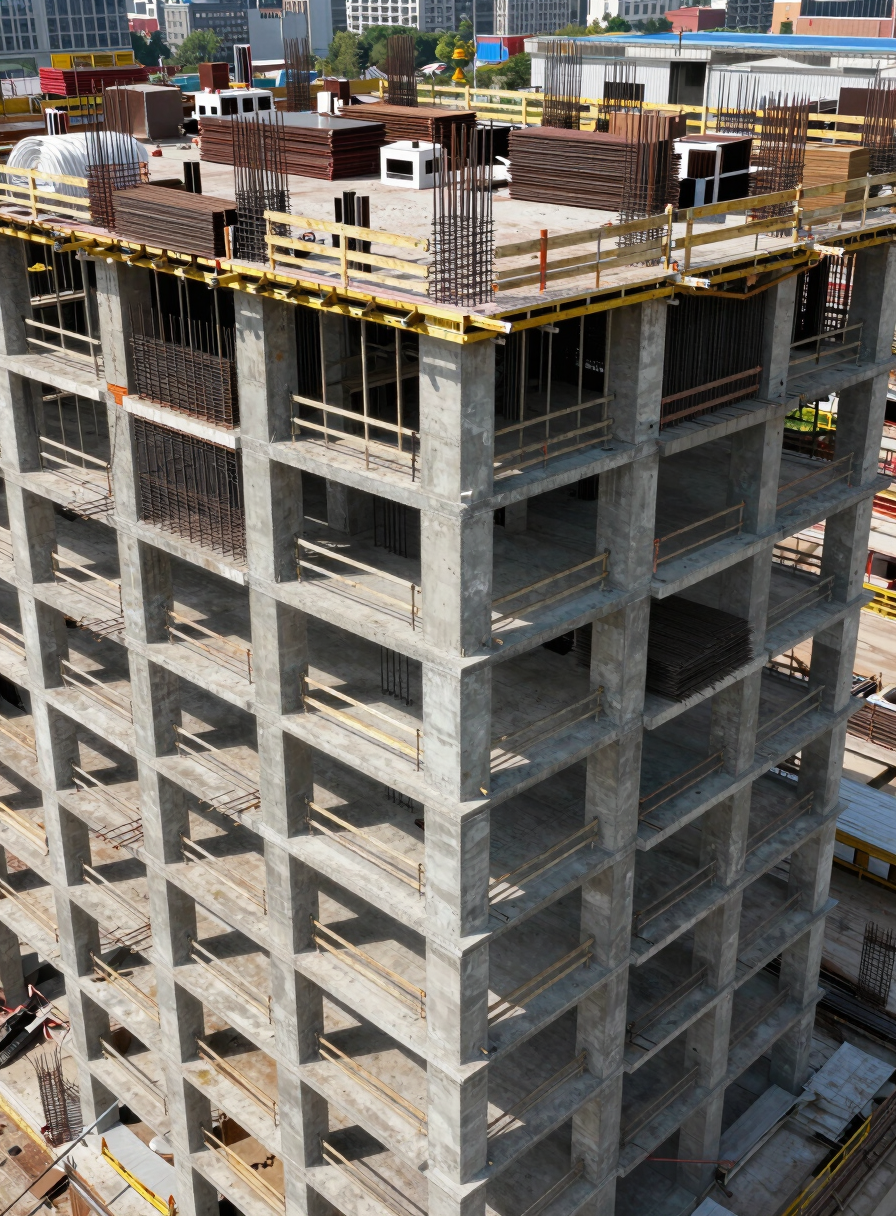 Wide-angle overhead shot of an active multi-story tower construction site, concrete columns and steel rebar grids visible across multiple floors, clear daylight, industrial scale conveying large material volumes in place