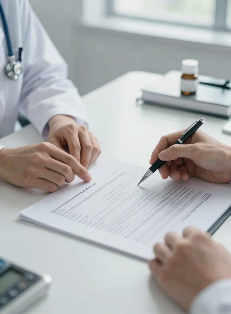 Close-up of a physician's hands reviewing a printed financial statement at a consultation desk, medical tools softly blurred in background, cool clinical daylight from a side window