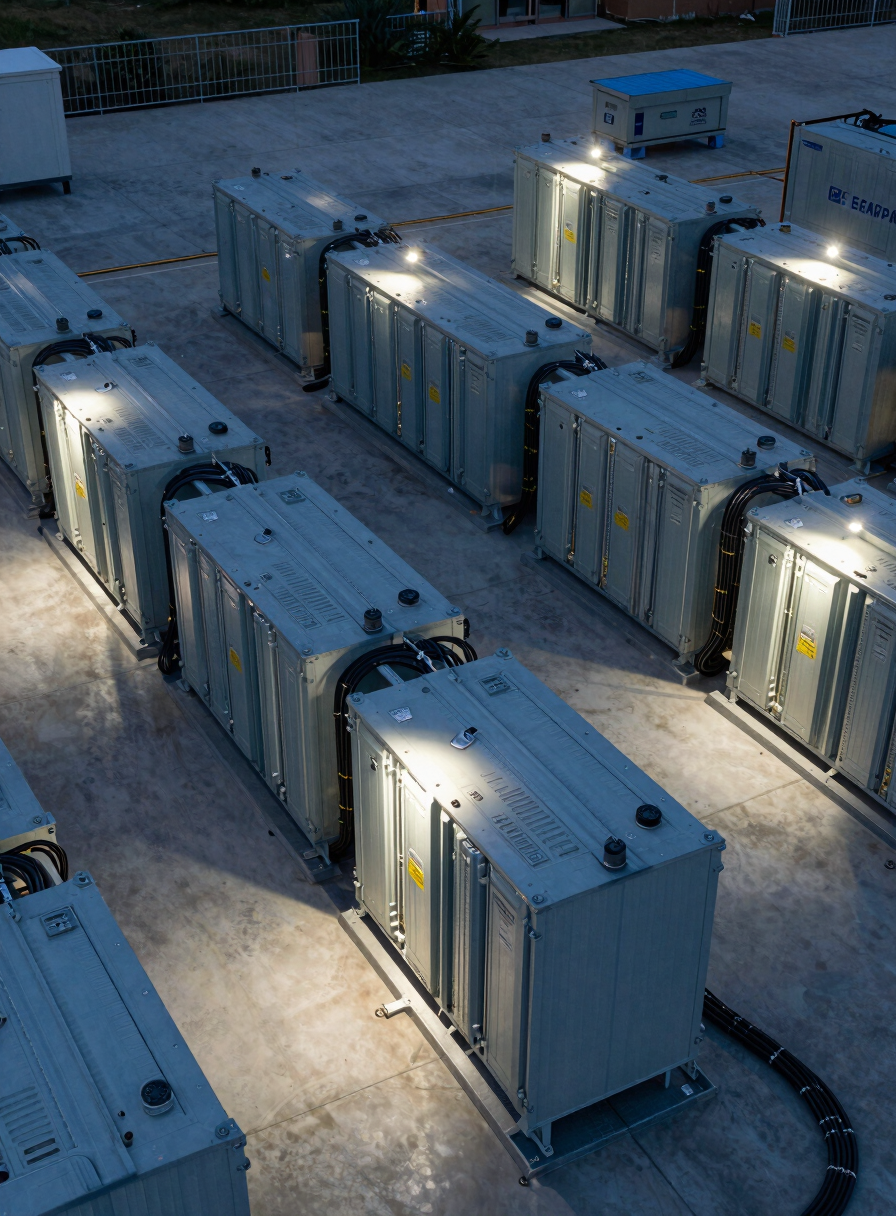 Angled overhead view of a battery installation site at dusk, industrial battery bank modules in rows, monitoring cables and conduit visible, cool overhead lighting casting clean shadows on metal surfaces, operational context evident