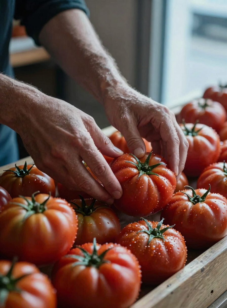 Extreme close-up of hands arranging heirloom tomatoes on a wooden market stall at opening time, cool morning light from a side door, condensation on the produce, no people's faces visible