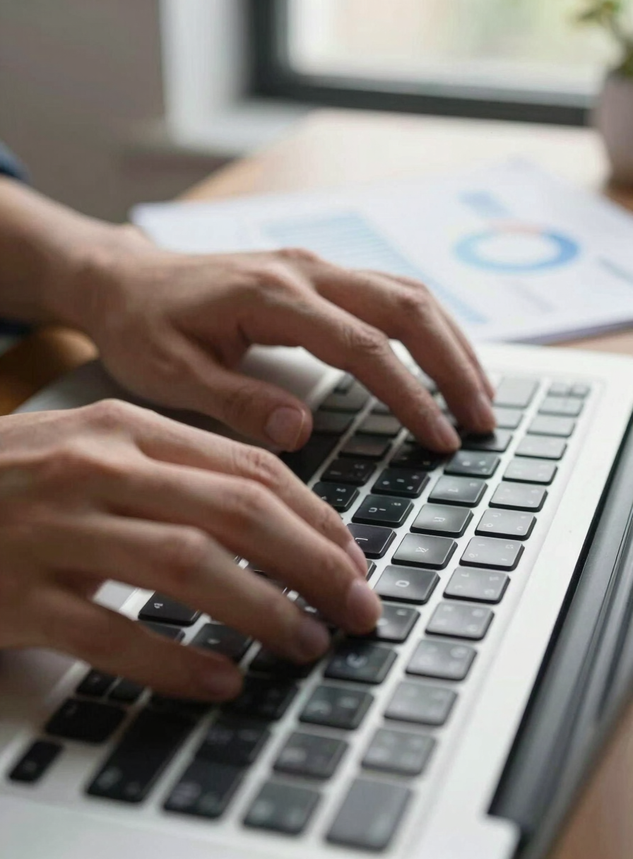 Close-up of hands on a laptop keyboard, a printed analytics report partially visible on a desk beside the screen, natural diffused daylight from a nearby window, shallow depth of field on the keyboard keys