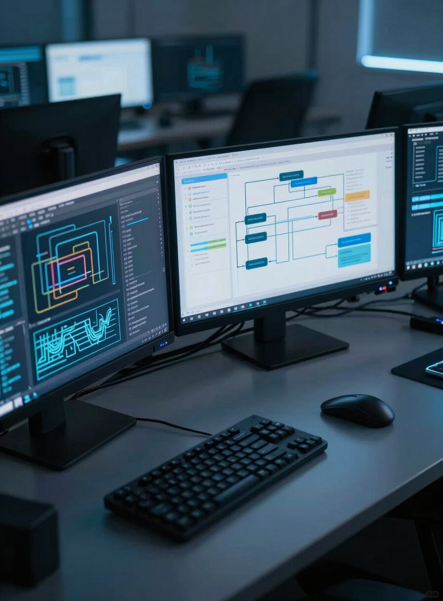 Wide shot of a professional workspace with multiple monitors displaying data pipelines and workflow automation diagrams, cool blue ambient glow from screens, dark desk surface, abstract data streams visible, no human faces, clinical and precise framing