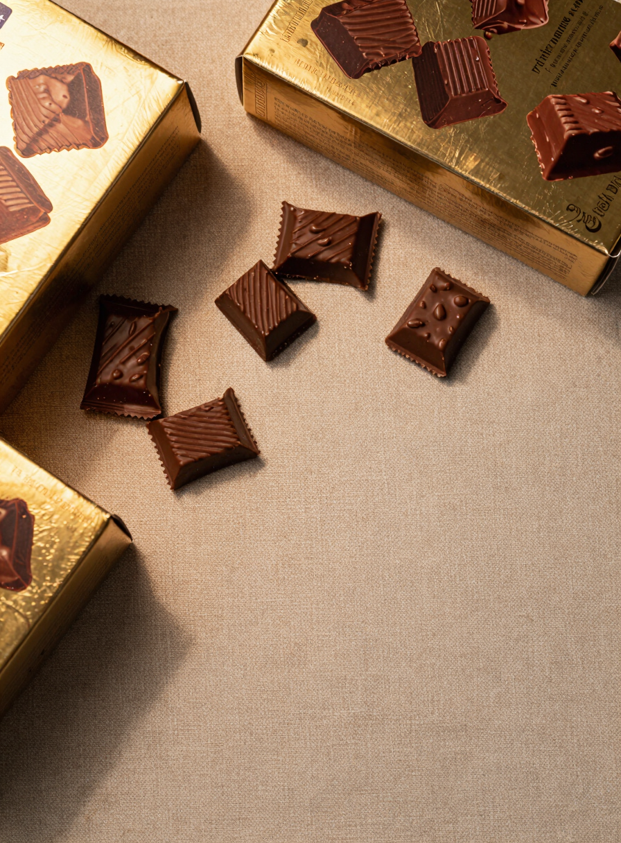 Macro close-up overhead flat-lay of premium packaged confectionery boxes and unwrapped chocolate pieces on textured linen, warm tungsten studio light from upper left casting soft shadows, gold foil labels visible, arranged off-center with generous negative space at bottom right