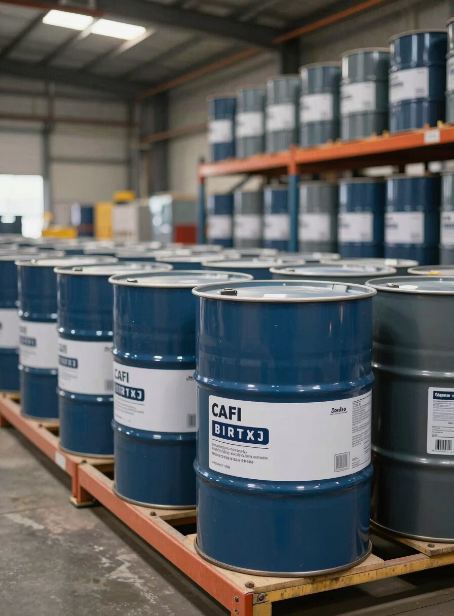 Wide industrial facility interior, rows of bulk lubricant drums on heavy-duty racking receding into the background, cool overhead warehouse lighting, sharp focus on container labels in the foreground with blurred depth behind