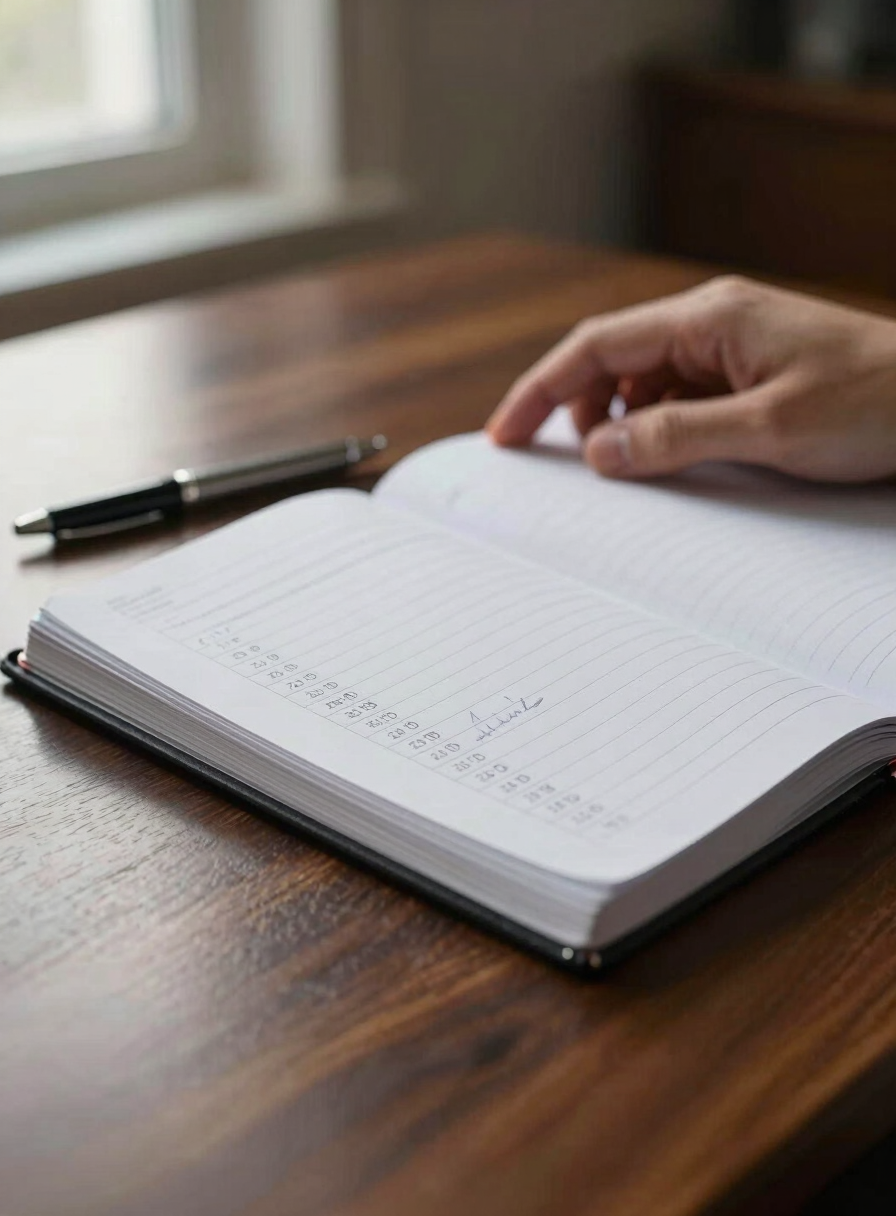 Close-up of a hand resting on an open operations ledger on a dark walnut desk, a single pen alongside columns of handwritten figures, cool natural window light from the left, shallow depth of field with the background dissolving into warm shadow
