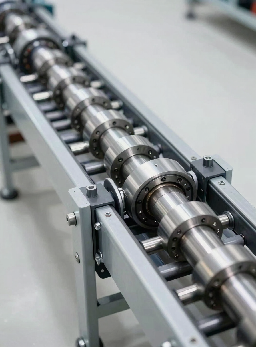 Tight overhead view of a conveyor system transition point, precision-machined drive rollers and belt tensioners visible, bright diffused daylight-balanced lighting, steel components sharp against a clean white industrial floor, no human figures
