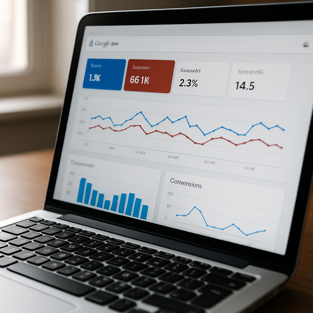 Close-up of a laptop screen showing a live Google Ads dashboard with campaign performance metrics, click-through rates and conversion data visible, bright natural light from a nearby window, desk surface partially visible