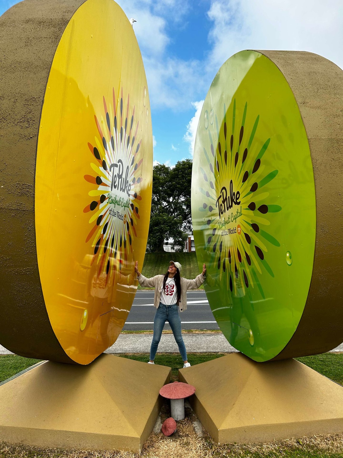 Mar en la estatua del kiwi gigante de Te Puke