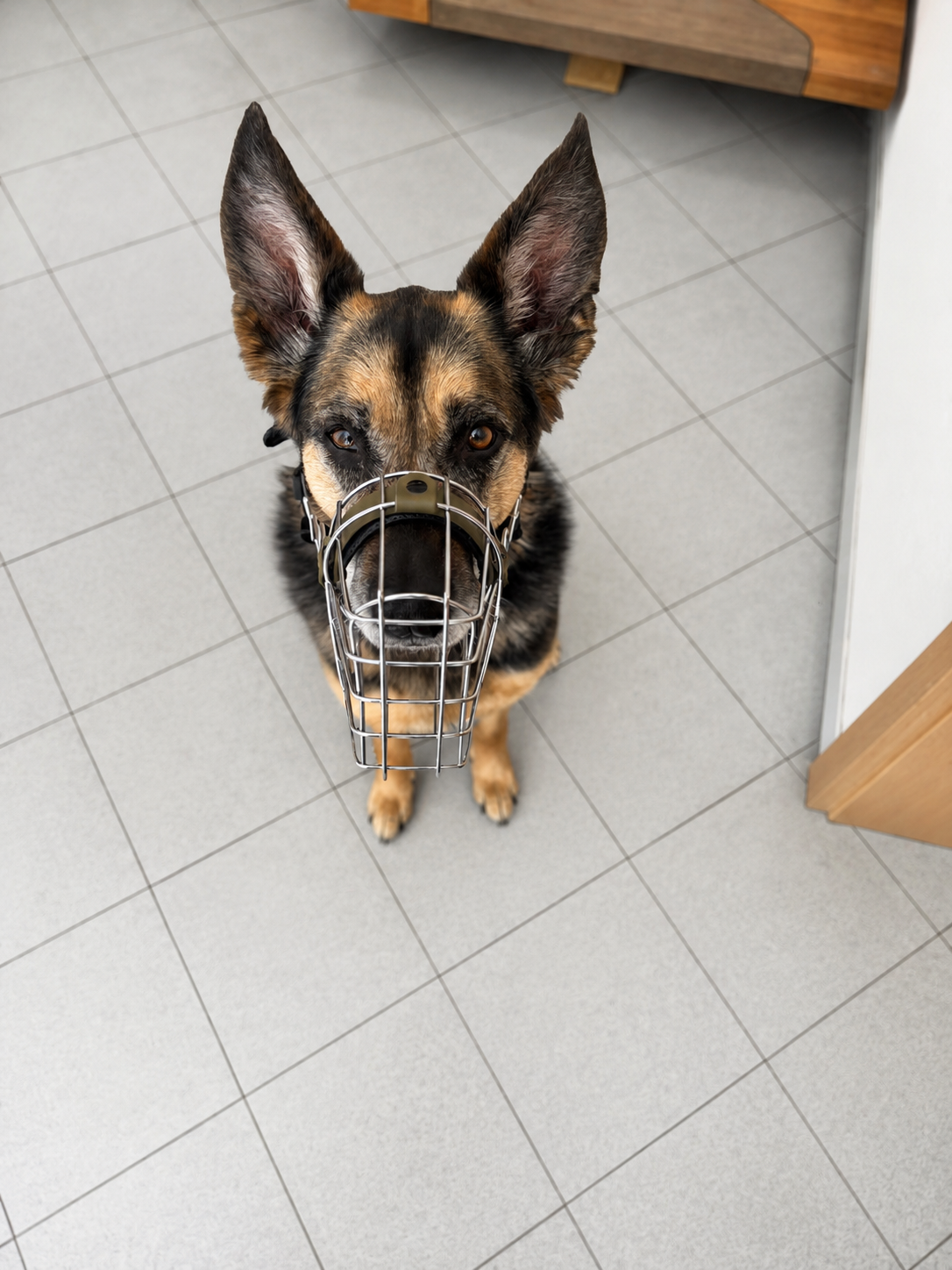 Schäferhund-Mix mit Maulkorb