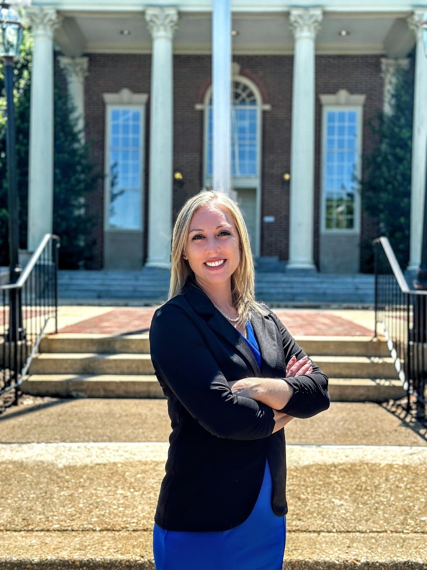 Rachel McQuillen in front of town hall