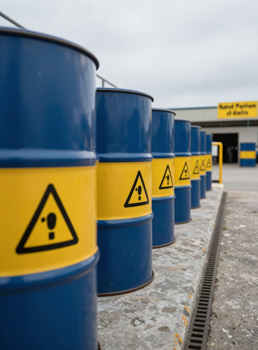 Close-up documentary view of industrial waste drums labeled with hazard symbols lined in a containment yard at a Peruvian manufacturing plant, overcast daylight, concrete floor with drainage channels, safety signage visible in background