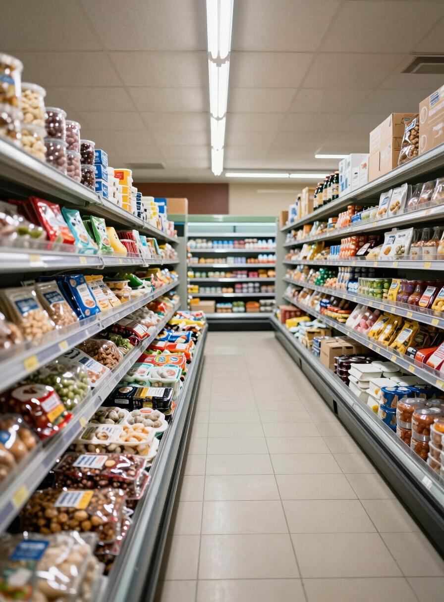 Wide environmental shot of the interior of a modern retail frozen-food store, fully stocked refrigerated display cases lining both walls under bright even fluorescent lighting, organized shelves of packaged frozen products and dry goods visible in the foreground, clean tiled floor, no customers or staff, operational documentary framing