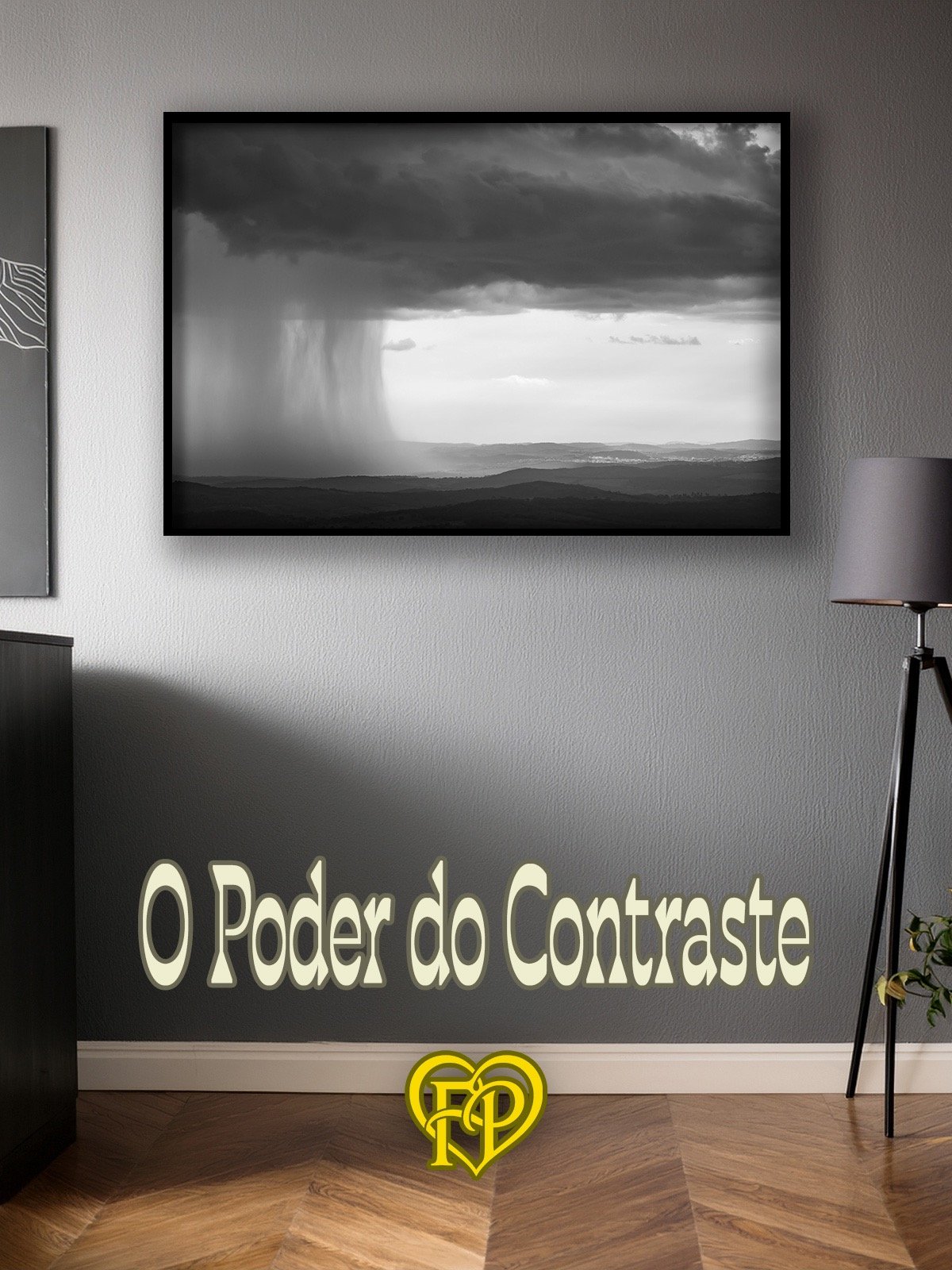 Modelo de quadro pendurado na parede de um escritório ou sala comercial com decoração minimalista.