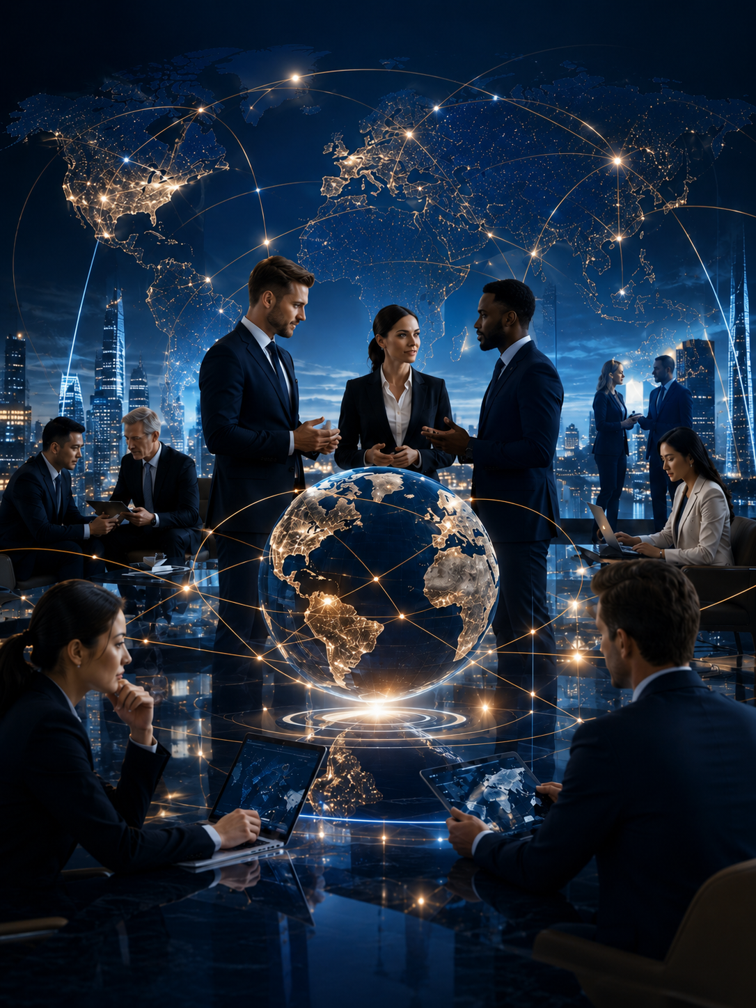 Diverse business professionals collaborating in a high-tech office with a glowing digital world map and global network