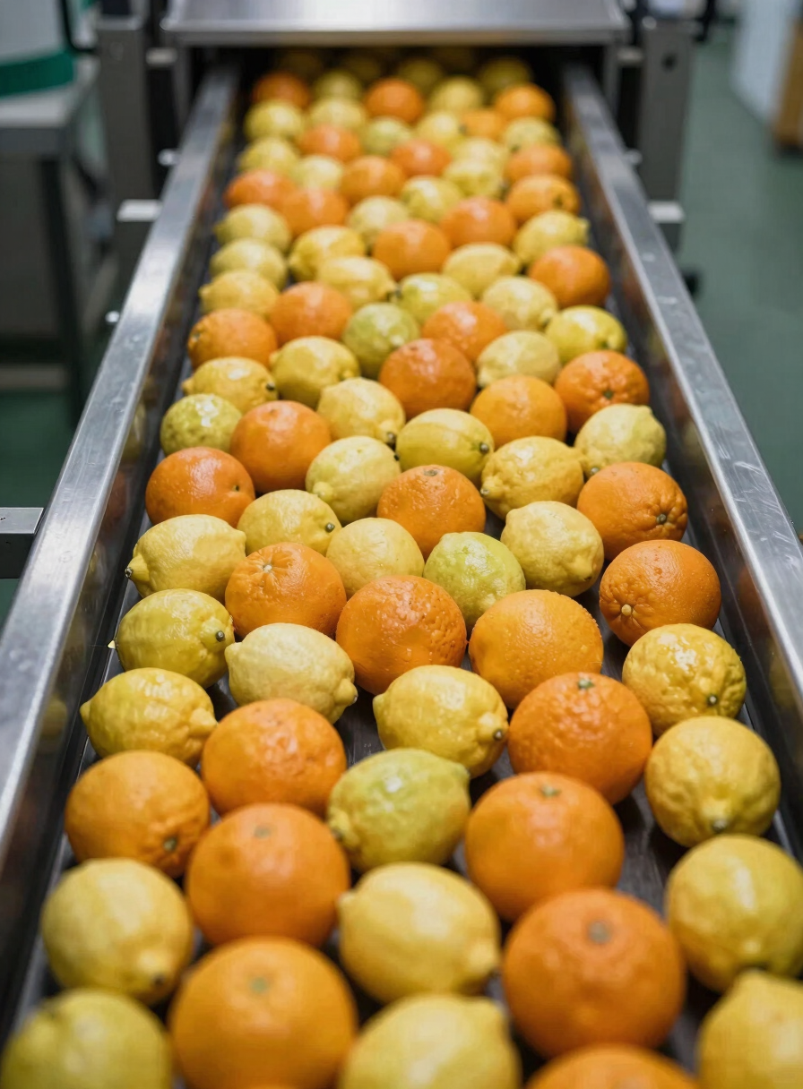 Close-up overhead view of fresh citrus fruit — oranges and lemons — arriving on a stainless steel intake conveyor belt inside a Chennai production facility, tungsten overhead lights, fruit densely packed in motion, no workers visible
