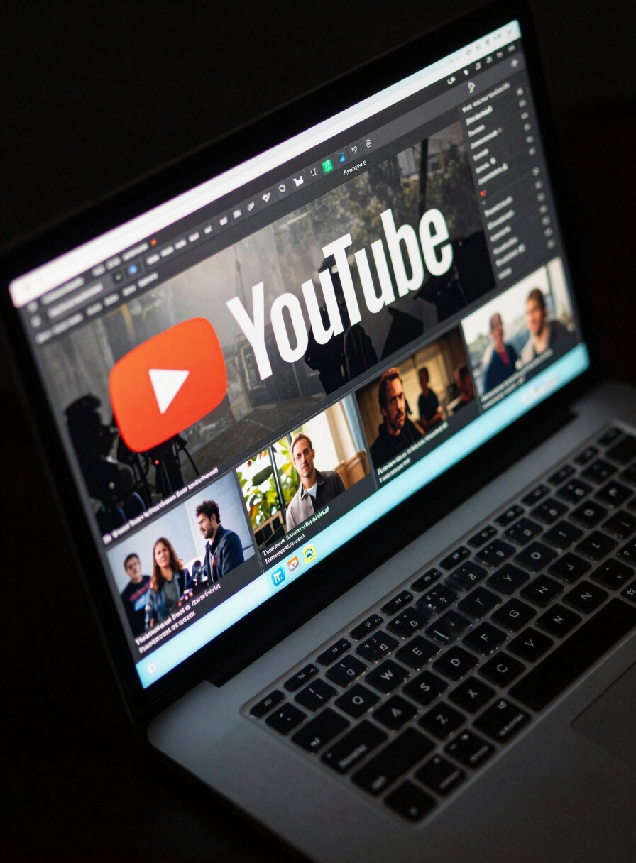 Tight overhead shot of a laptop screen displaying a cinematic YouTube thumbnail in progress — bold title text, high-contrast lighting split, dark studio environment with a single cyan monitor glow illuminating the keyboard edge