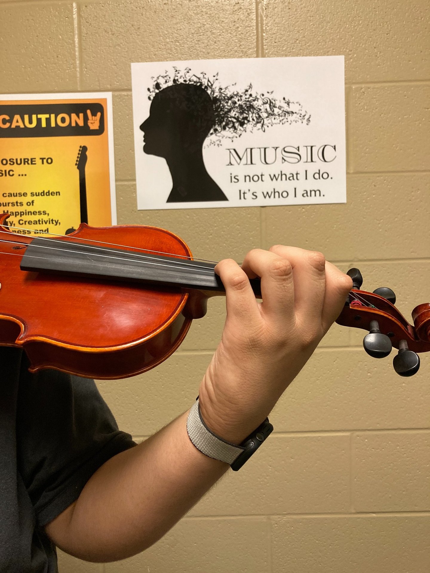 Violin held by a student with perfect left hand shape and posture