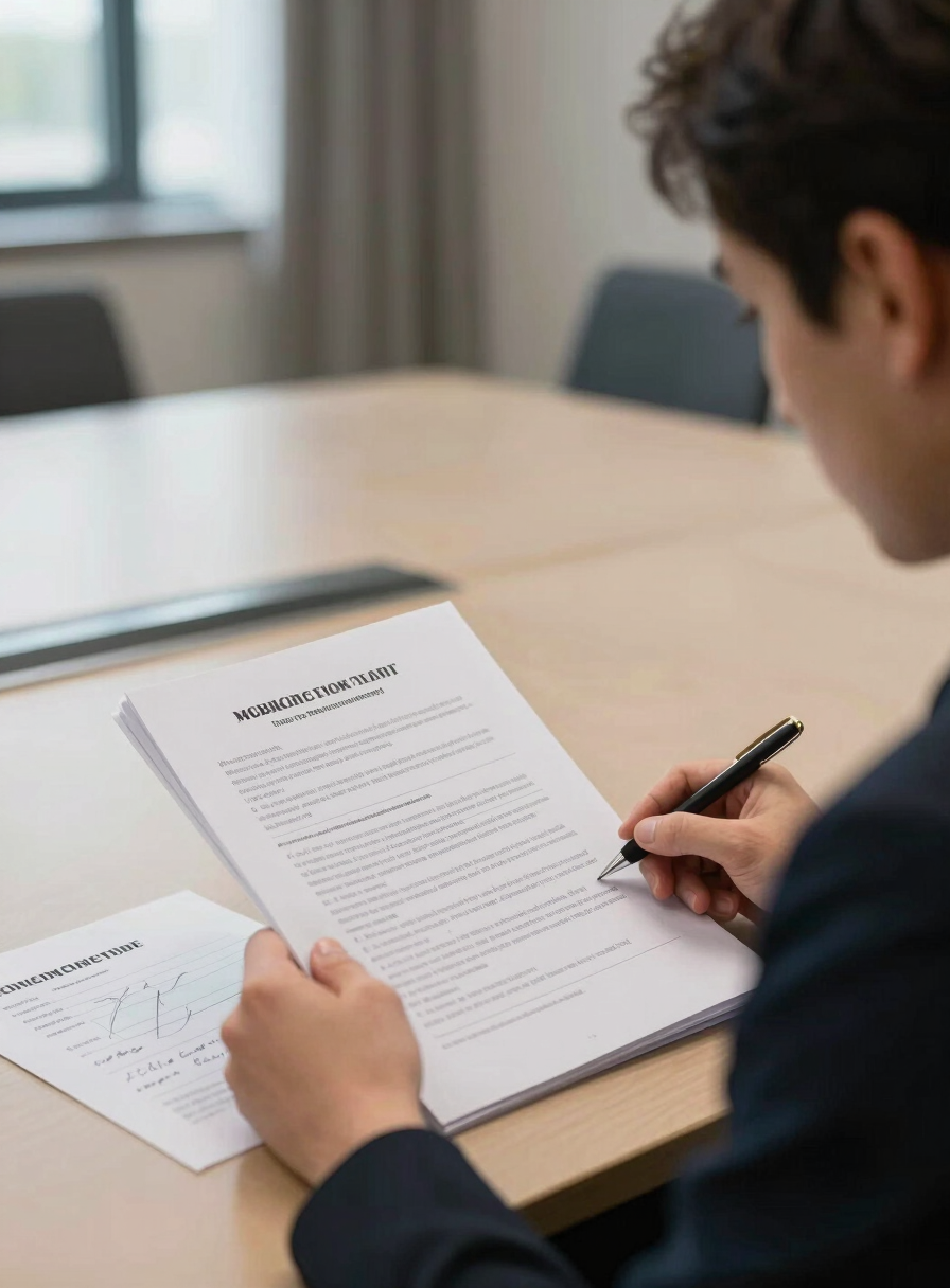 Over-shoulder view of a delegate reviewing printed committee documents and handwritten notes at a conference table, neutral daylight from a nearby window, architectural conference room setting visible in background