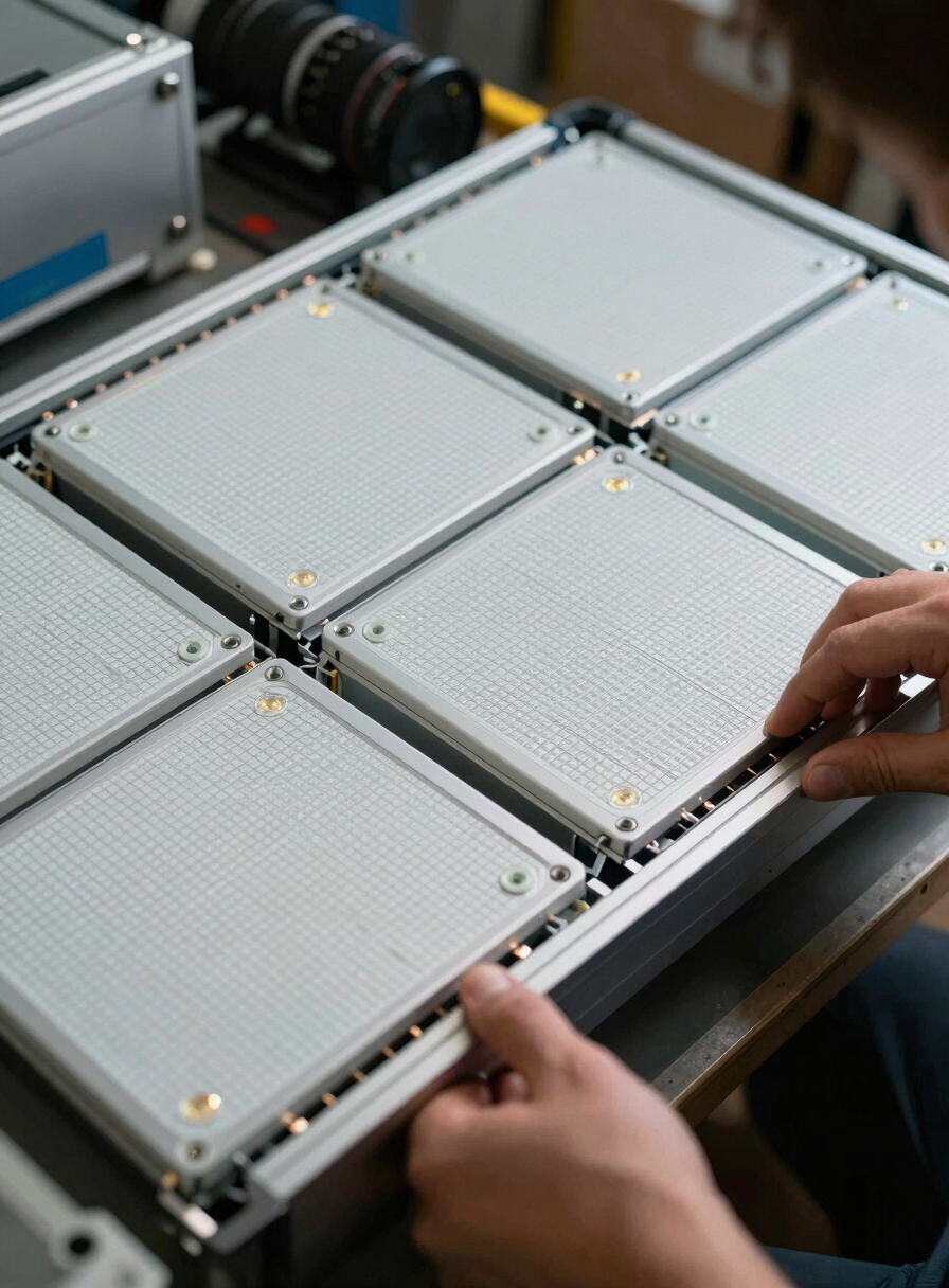 Close-up technical shot of a modular LED panel array being assembled backstage, individual 500mm cabinet tiles visible with precise pixel grid detail, technician hands securing a panel into the frame, studio-quality lighting showing the hardware precision and readiness