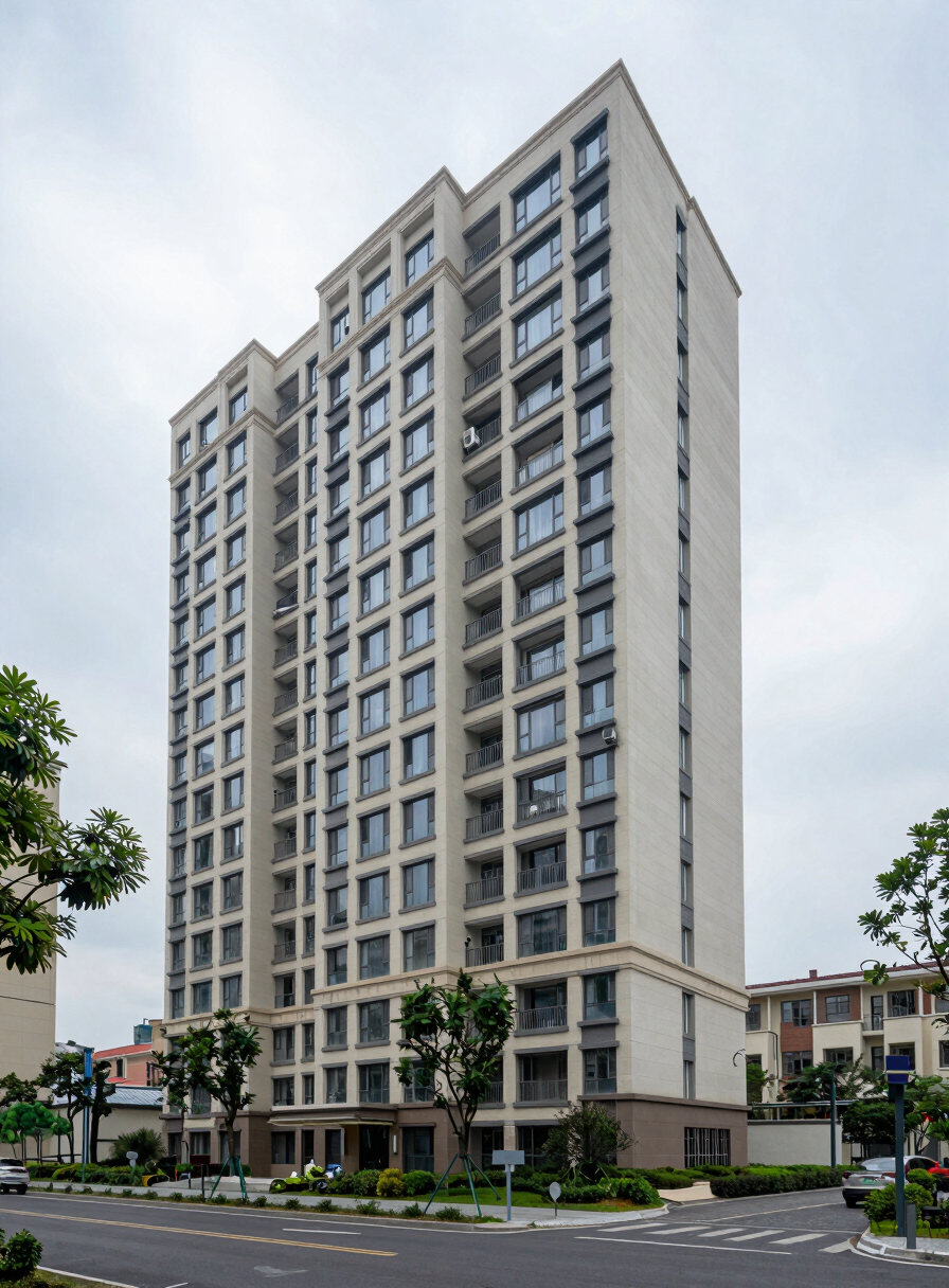 Wide exterior of a 4-storey residential apartment block under overcast daylight, full facade visible with street-level podium, surrounding trees and road context, no people, sharp geometry