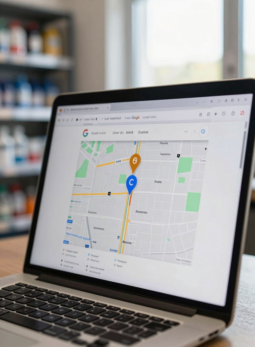 Close-up of a laptop screen in a plumbing supply office showing a Google local map pack — three business pins visible, one highlighted in amber, morning light through a window behind the screen