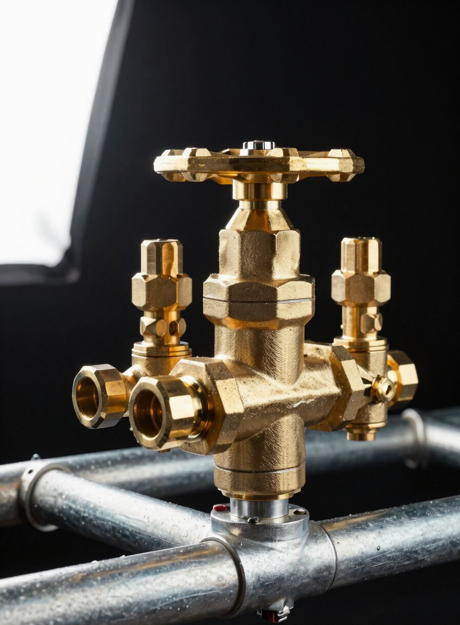 Extreme close-up of a brass suppression valve manifold mounted on a steel pipe rack, cool studio strobe from upper-left raking across the machined fittings and pressure test ports, black background, industrial precision detail