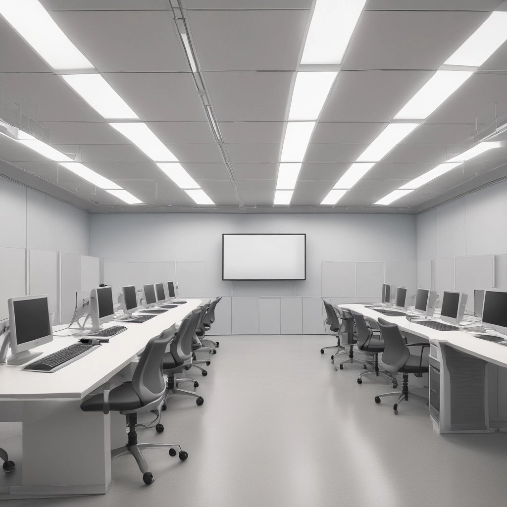 A dimly lit room features a prominent illuminated sign displaying the words 'Sysco LABS.' Below the sign are office desks with various electronic devices, including laptops and cables. The lighting creates a cool and professional atmosphere.