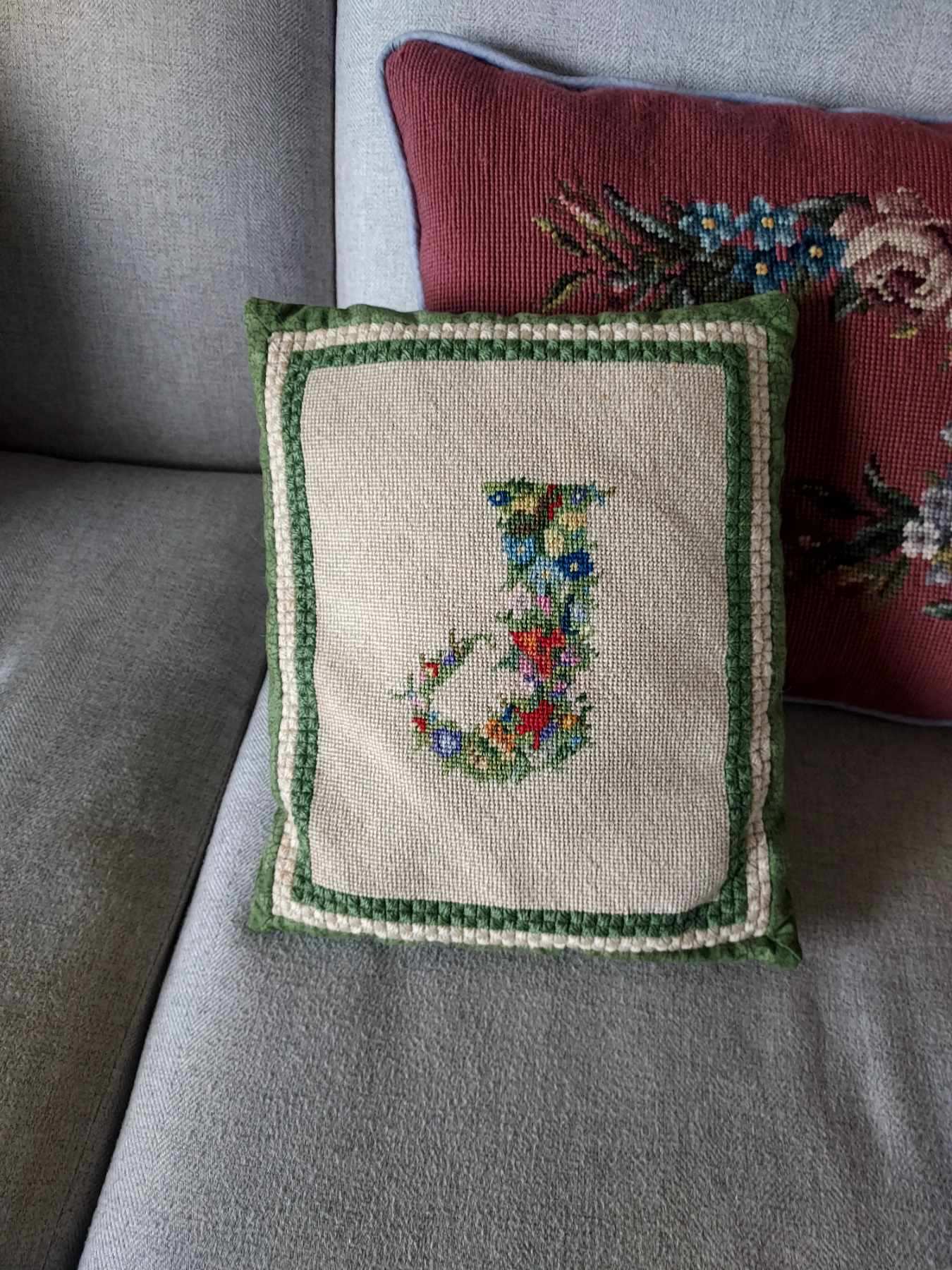 vintage needlework monogram turned into decorative toss pillow