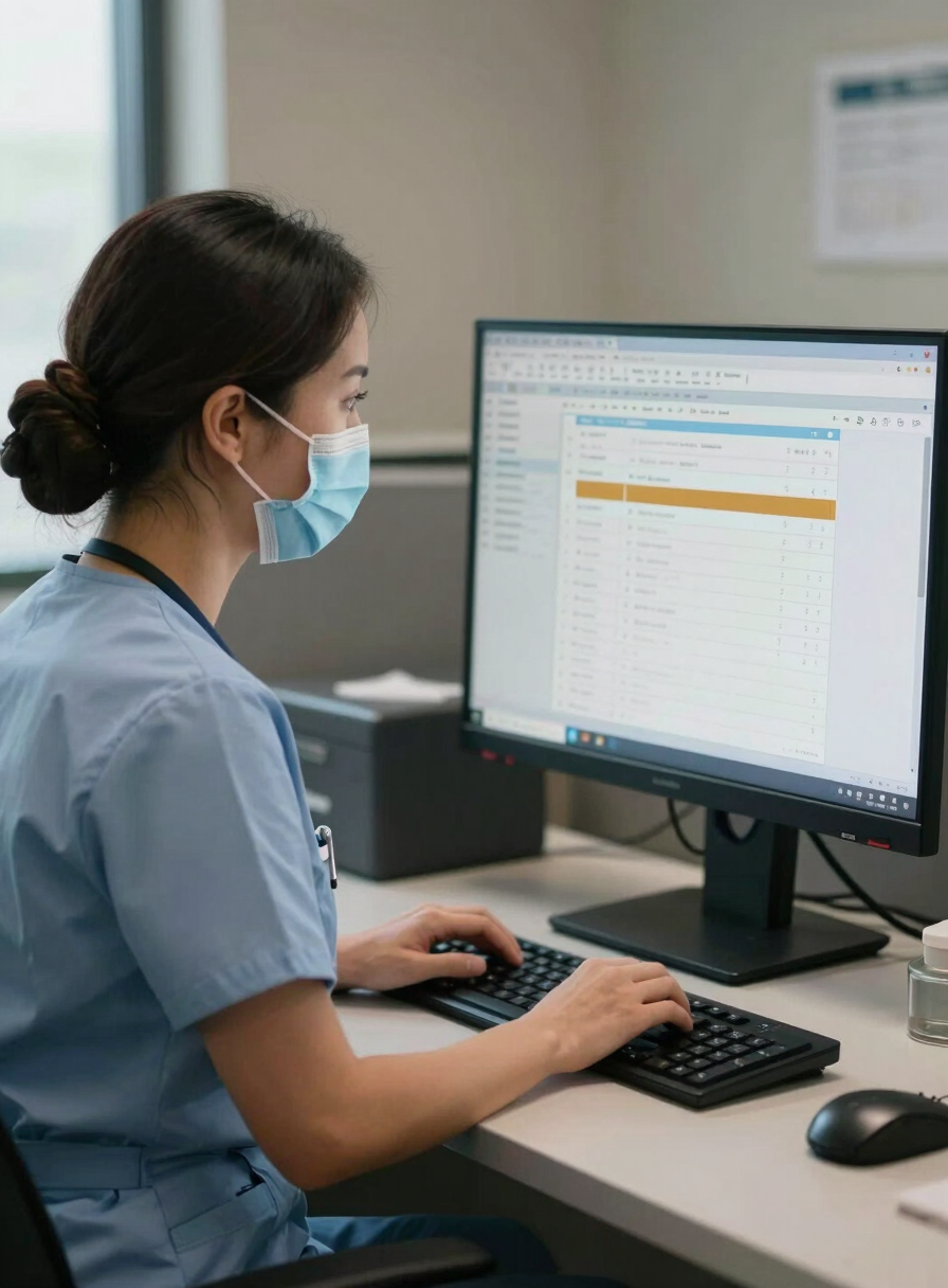 Medium shot of an MDS nurse at a desk, leaning toward a monitor displaying a clinical documentation screen with several rows of data — one row highlighted in amber to indicate a flagged gap — soft indoor office light from a window to the left, hands resting on keyboard, quiet SNF administrative workspace visible in background, no posed expression