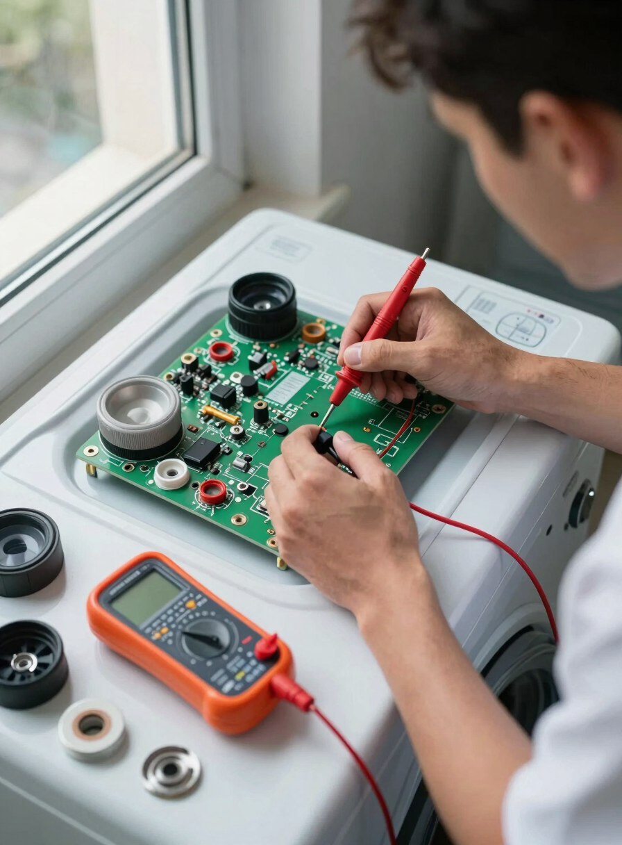 Close overhead view of a technician's hands placing a multimeter probe on a washing machine control board, natural window daylight from the left, tools and genuine spare parts arranged on the floor of a Dubai apartment laundry room