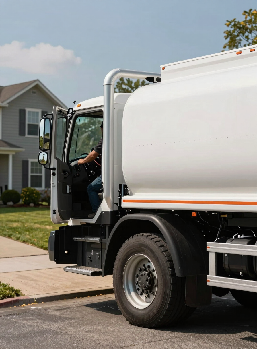 Close-up side view of a propane delivery truck cab and tank body parked at the edge of a residential driveway, driver visible through the open door stepping out, daylight casting a hard shadow along the vehicle's flank, real yard and house in the background