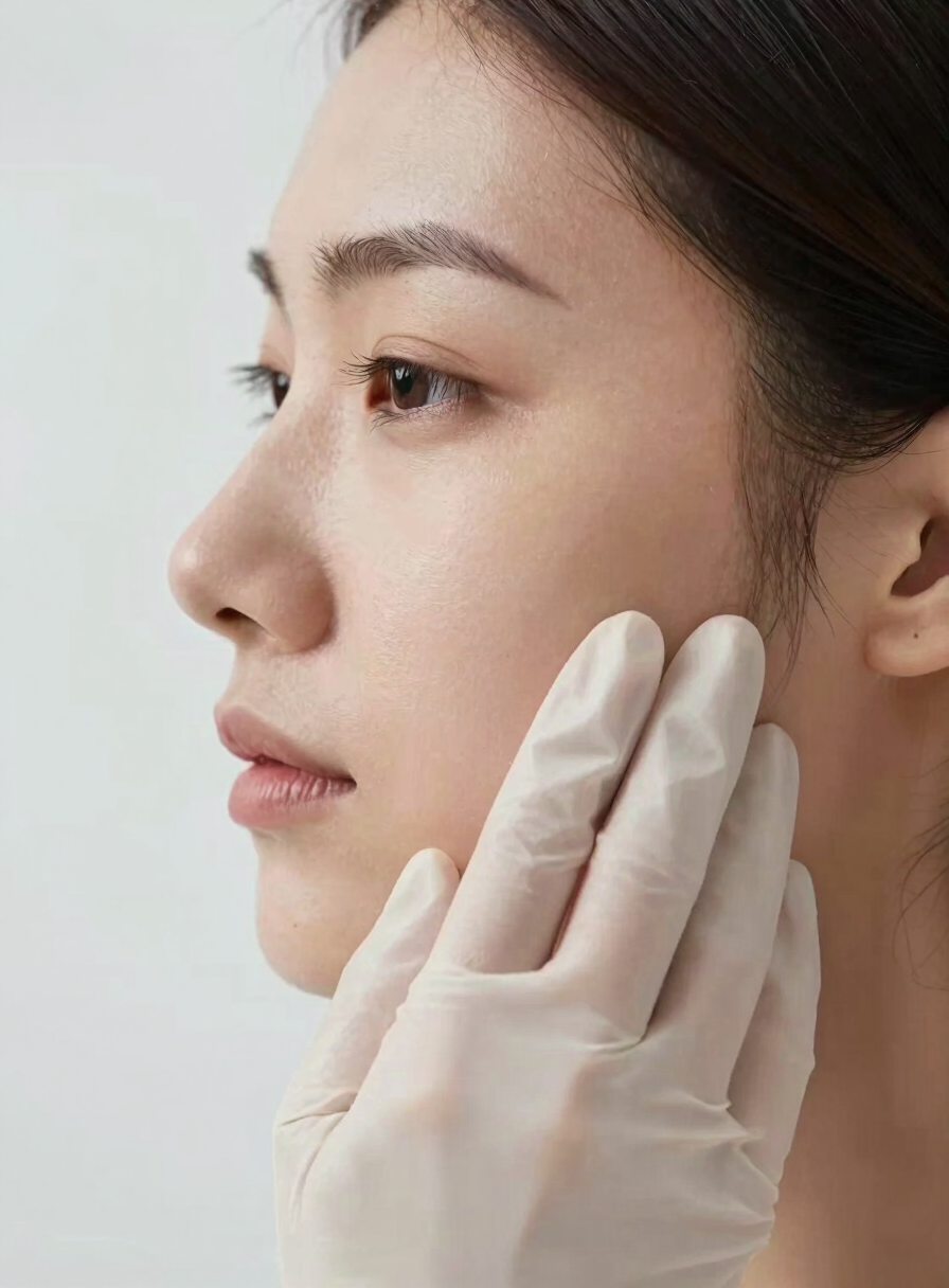 Extreme close-up of a practitioner's gloved fingertips gently palpating the cheekbone area of a female profile, controlled studio lighting from the left, clinical white background, no full face, no smile, technical documentation framing