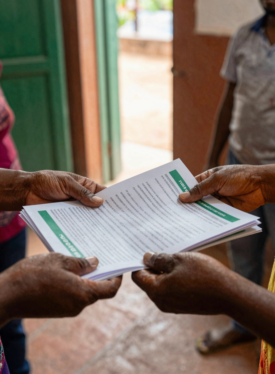 Close-up of hands distributing health supplies and printed wellness guides at a community gathering, natural daylight from a nearby open door, terracotta and green tones in the environment, focus on the exchange between two people