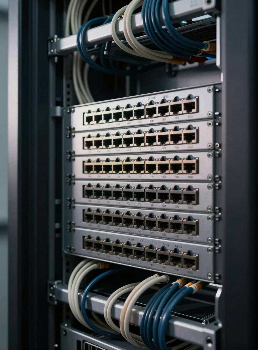 Extreme close-up of a server rack interior, dense cable management with labeled patch panel ports visible, studio strobe lighting from the left casting sharp shadows on connector faces, no people
