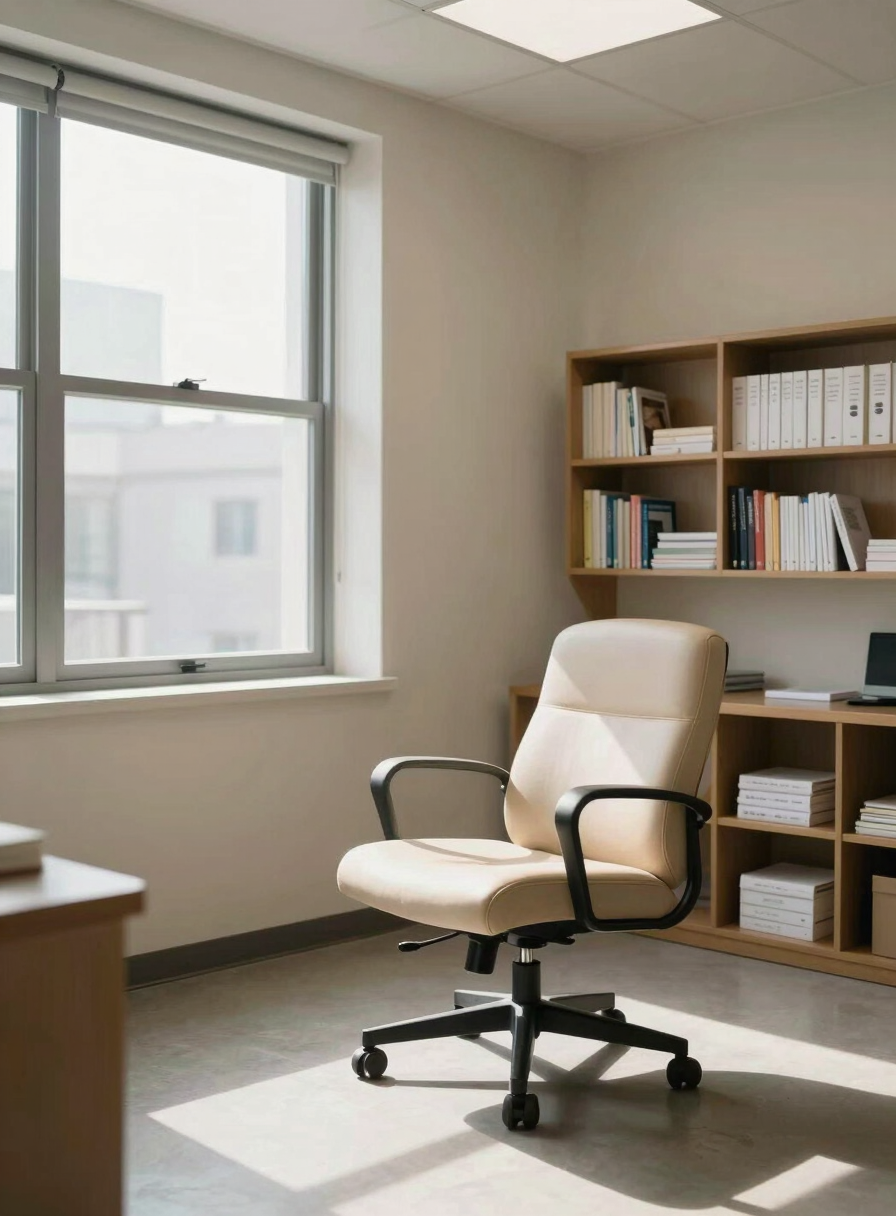 Wide environmental shot of a therapy office interior — a window with natural daylight falling across a reading chair and a low bookshelf with clinical texts, neutral walls, no people, calm and orderly