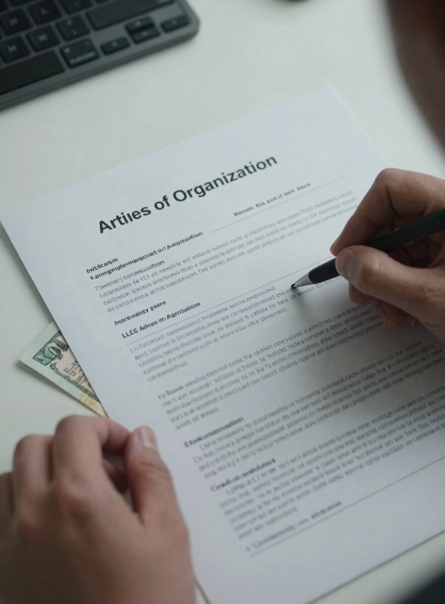 Close-up overhead view of an official LLC Articles of Organization document on a clean desk, hands positioning it precisely, cool studio lighting, foreign currency note partially visible at the edge