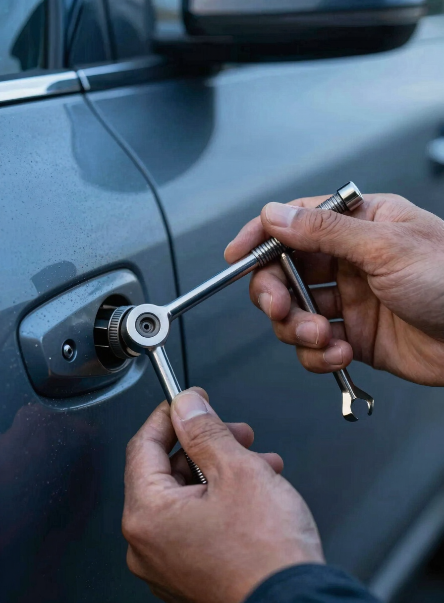 Close-up documentary shot of a locksmith's hands holding a tension wrench and pick against a car door lock cylinder, pre-dawn blue ambient light, tools sharp in the foreground, vehicle door frame blurred behind