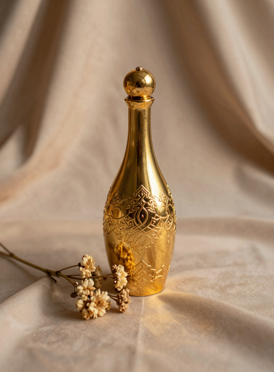 Close-up of a burnished gold Arabic perfume bottle standing on draped nude beige satin, a cluster of small dried flowers resting at its base, soft golden-hour side light catching the engraved surface, shallow depth of field