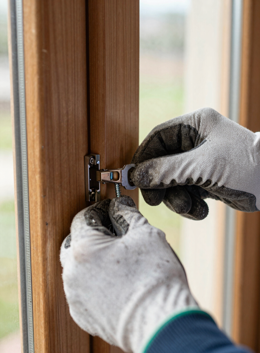 Close-up of a technician's gloved hands re-seating a wooden door frame on site, misaligned hinge visible, natural daylight from a nearby window, raw wood grain and metal screws in sharp focus, no staging