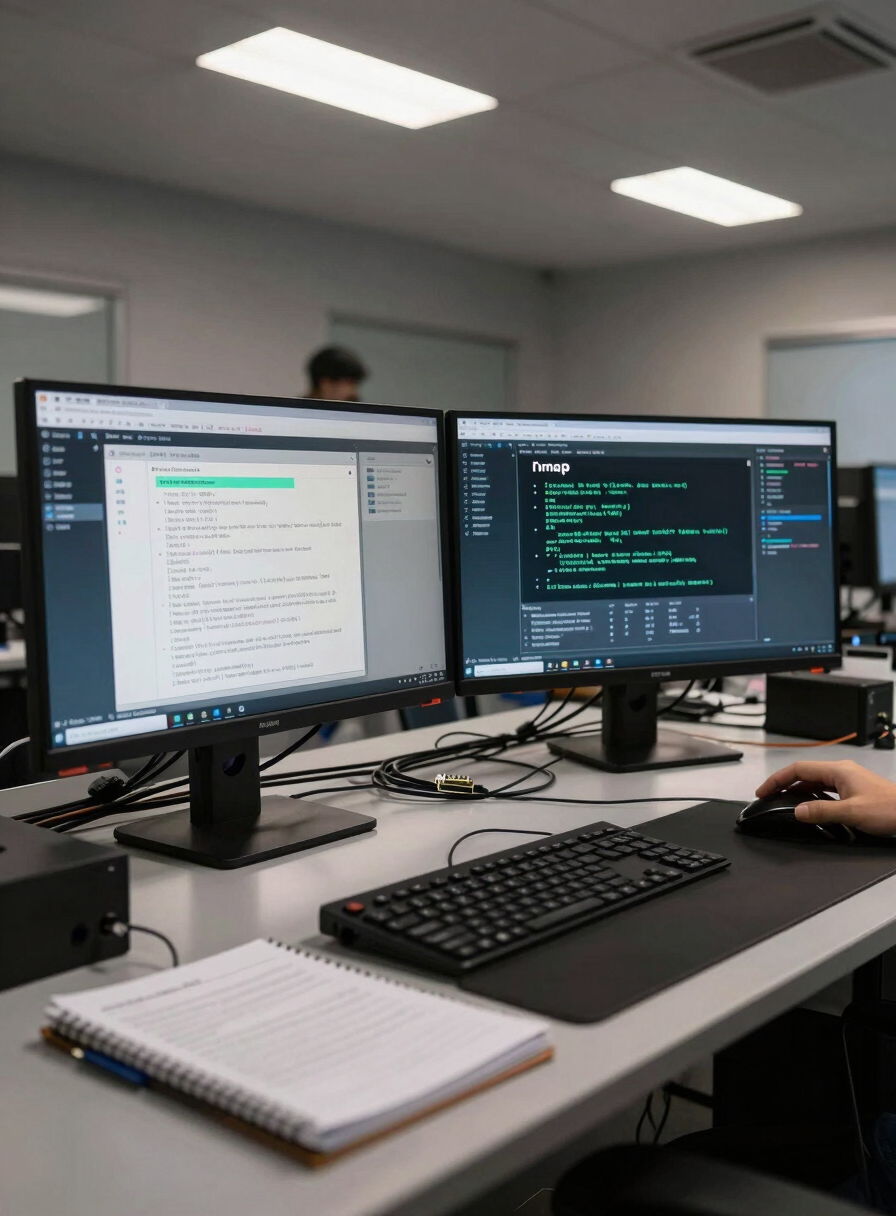 Wide shot of a red team lab workspace, two monitors displaying active Kali Linux terminals with nmap and BloodHound output, dim fluorescent overhead lighting casting sharp shadows on a cluttered desk with ethernet cables and a notebook