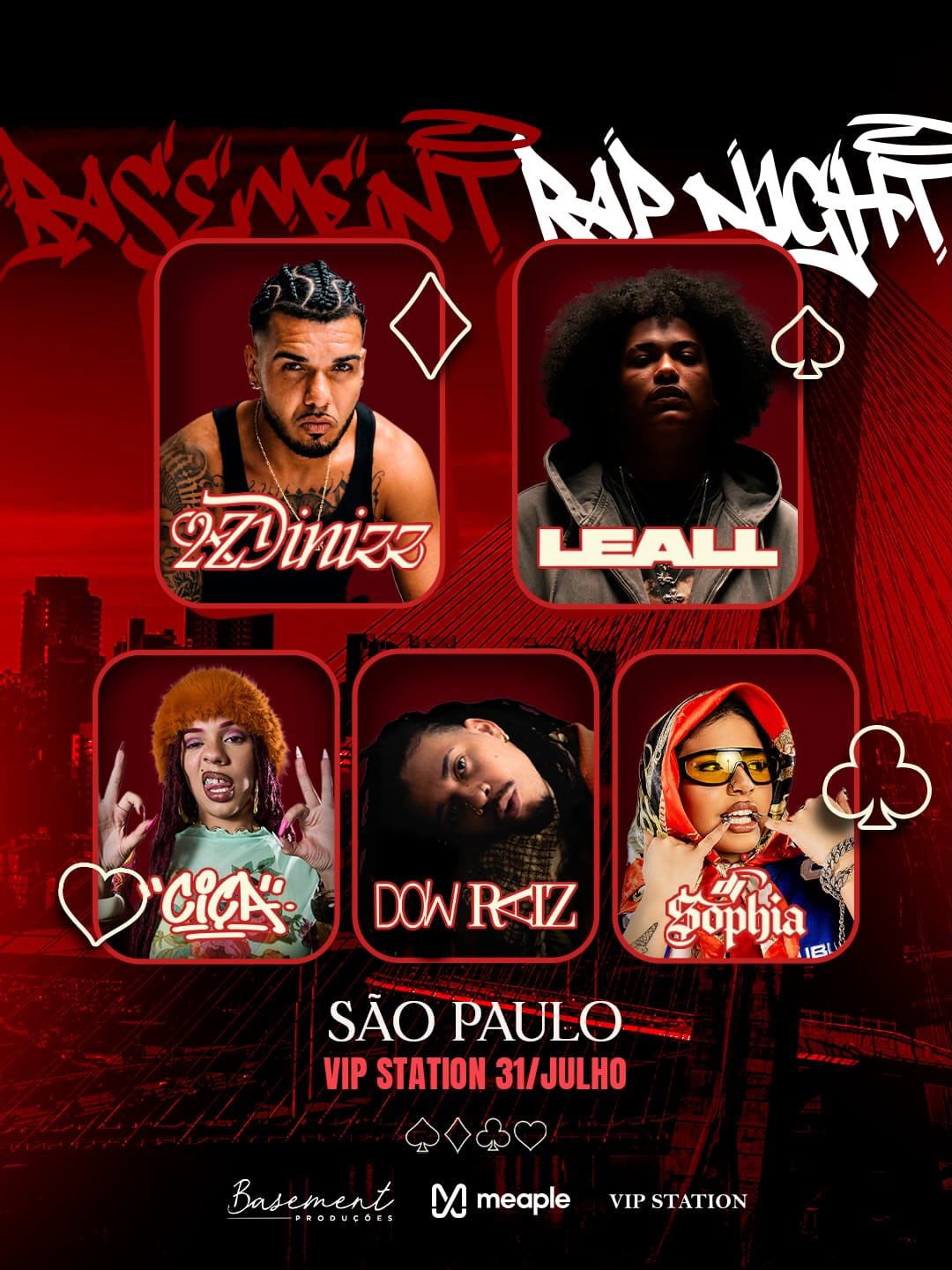 Cartaz da Basement Rap Night com Leall, 2zDinizz, Ciça, Dow Raiz e DJ Sophia em São Paulo