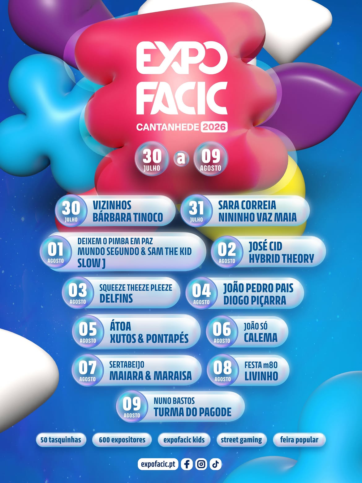 Cartaz da Expofacic 2026 destacando Mundo Segundo, Sam The Kid e Slow J no dia 1 de agosto