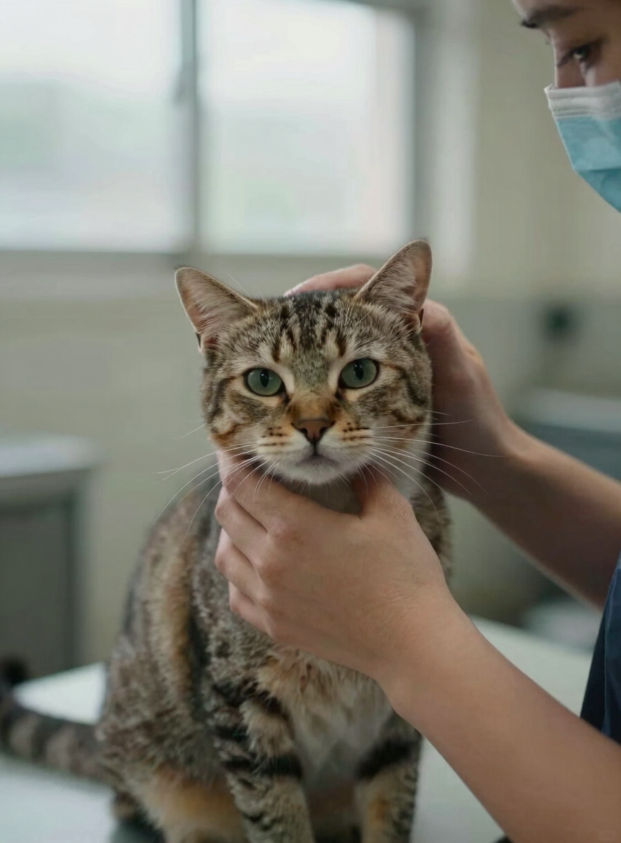 Close-up of a shelter staff member's hands gently holding a cat during a routine health check inside a kennel room, soft overcast window light, fur texture visible, calm documentary framing