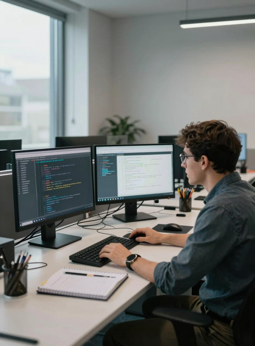 Wide shot of two engineers collaborating at adjacent desks in a modern open-plan office, both screens showing test automation scripts, overcast window light from the left, calm productive atmosphere, desks slightly cluttered with notebooks