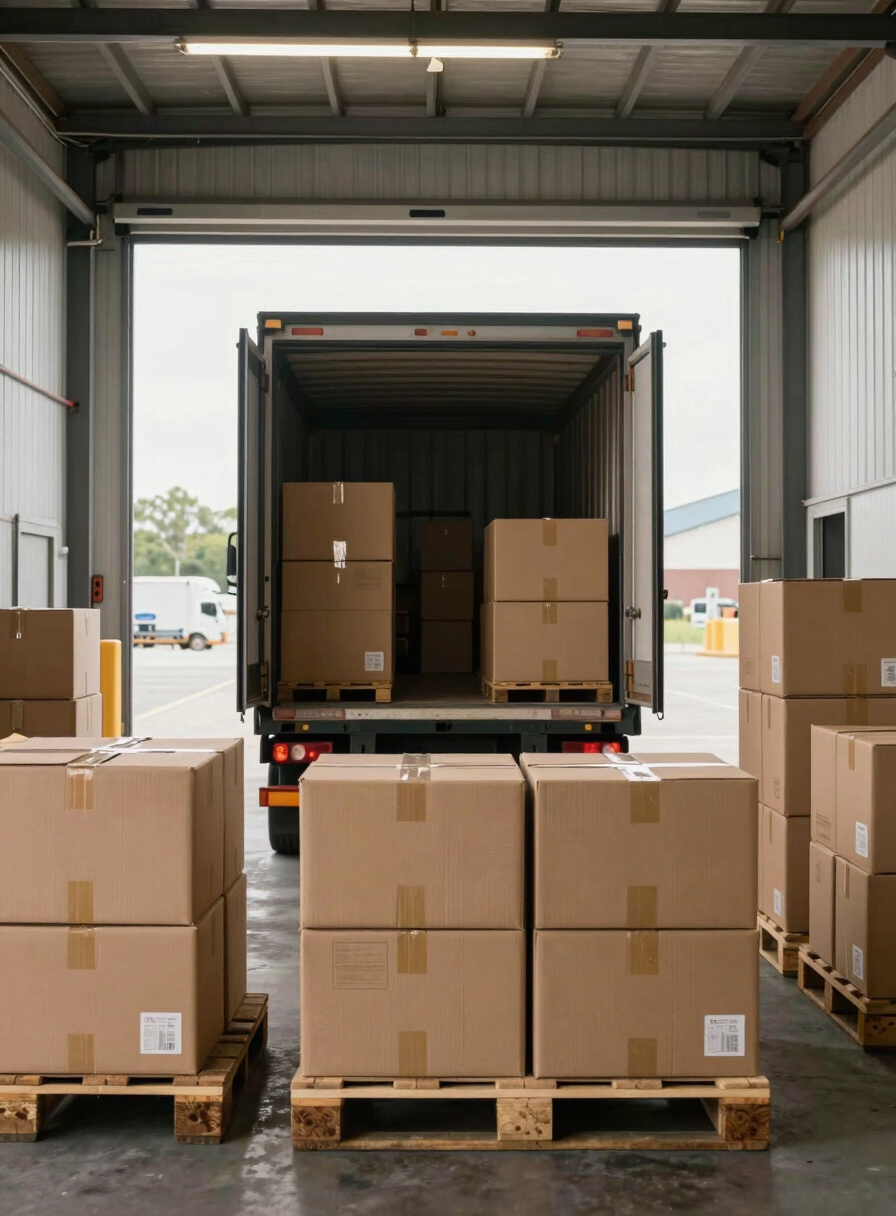 Wide environmental shot looking down a loading dock bay, a distribution truck parked with rear doors open, stacked cardboard boxes organized on pallets in the foreground, even industrial daylight from overhead skylights, no people visible, systematic and calm